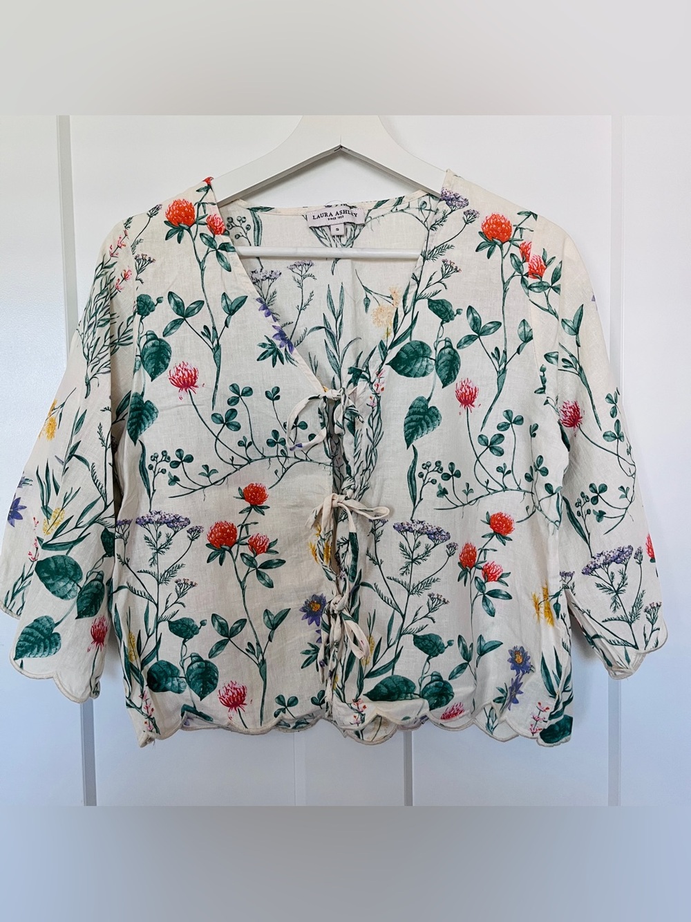 Floral Cropped 3/4 Sleeve Shirt w/ Scalloped Edge and Tie Front- Ecru/Multicolor